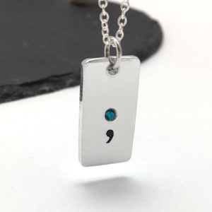 Semicolon Necklace with Flat‑Back Crystal, Mental Health Jewellery, Hand‑Stamped Aluminium Pendant on Stainless Steel Chain