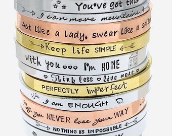 Hand stamped cuff bracelet - personalised open cuff bangle with your own words, customise your own jewellery.