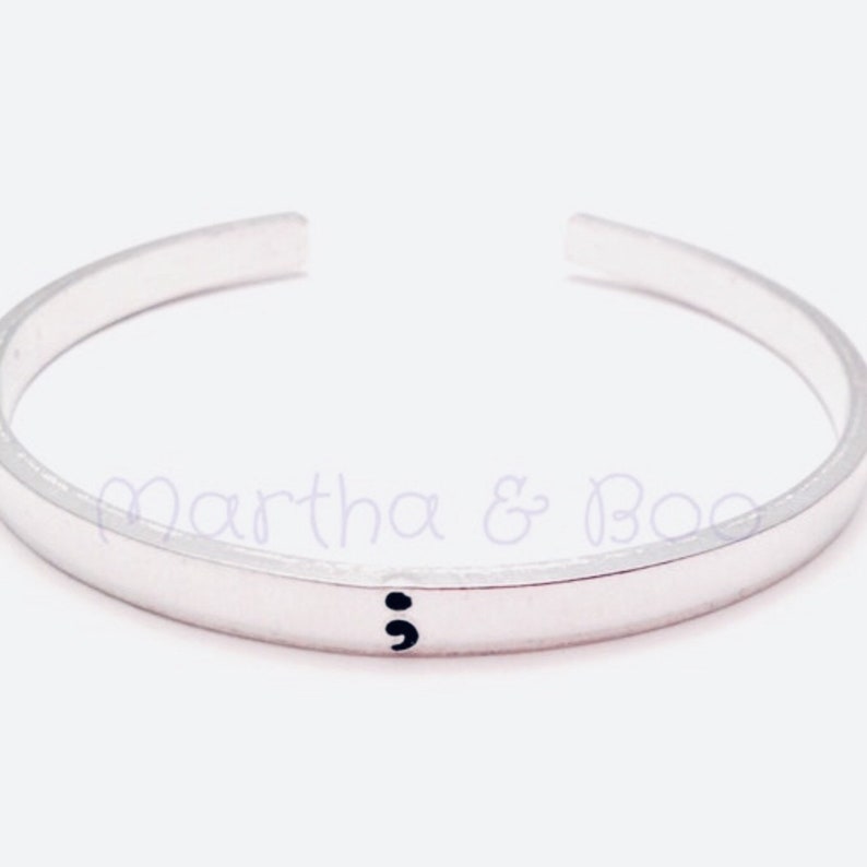 Handstamped Semicolon Slim Bangle in Various Sizes, Optional Personalised Hidden Message, Customised Cuff Bracelet, Mental Health Awareness image 3