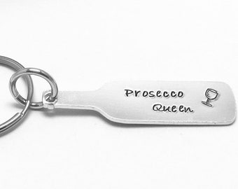 Custom bottle shaped keyring hand stamped with Prosecco Queen, personalised novelty keychain, alcohol related best friend gift
