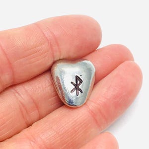 Pewter heart pebble bindrune love symbol, hand stamped metal pocket hug, Viking love token, Elder Futhark runes, Norse Nordic runic gifts