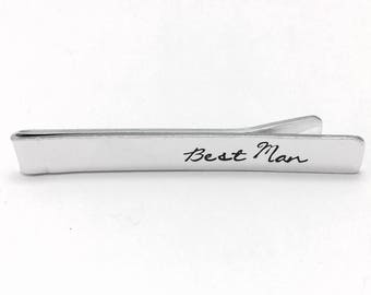 Best Man tie clip bar, hand stamped tie slide, personalised wedding party favour for man, custom suit accessories, aluminium groomsmen gift