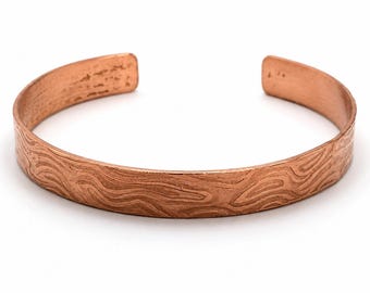 Personalised Copper Cuff Bracelet, Hidden Secret Message Bangle, Wood Grain Texture Bracelet, 7th Copper Anniversary Gift for Him