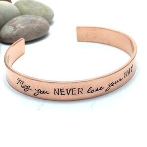 Customised copper bracelet, cuff bangle, personalise your own words, 7th anniversary, hand stamped jewelry, secret hidden message, open cuff