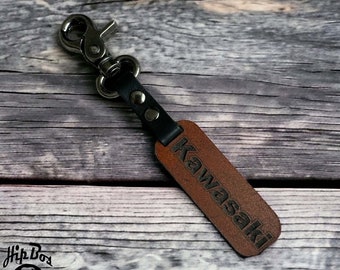 Personalized Kawasaki Motorbike Key Chain - Custom Engraved Leather Keyring