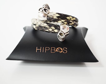 HipBos - Serpent Series Double Round Python Leather Bracelet With Skulls