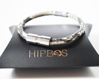 Hipbos - Serpent Series Round Python Leather Bracelet With Stainless Steel & Crystal Slider