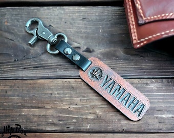 Personalized Yamaha Motorbike Key Chain - Custom Engraved Leather Keyring