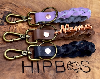 HipBos hecho a mano trenzado cuero llavero, llavero - múltiples colores - opción de etiqueta personalizada