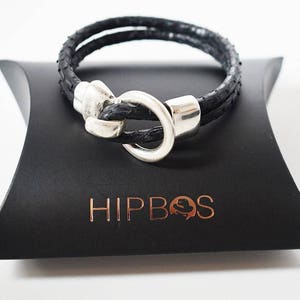 Hipbos - Serpent Series Double Round Python Leather Bracelet With Zamak Clasp - Black