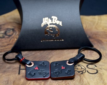 Conjunto de 2 parejas de cuero personalizadas hechas a mano Keyring Keyb Set con símbolo de corazón