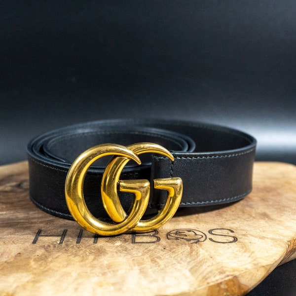 Gucci Mens Belt Slim Leather Belt with Double G Buckle Authentic Black Size 32