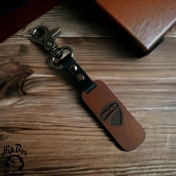 Personalized Ducati Motorbike Key Chain - Custom Engraved Leather Keyring