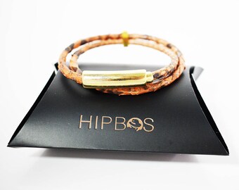 HipBos Schlange Serie Doppel Runde Python-Leder-Armband mit Gold-Verschluss - Lachs