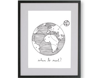 Where to Next Illustrated Unframed Print, Limited Edition A4 Travel Print, Nomad, Handmade Print, A3