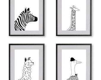 Safari Animal Prints, Nursery Room Art Work, Baby Room Illustrated Art, Zebra, Giraffe, Llama, Duck Portrait Prints - Set of Four A4 Prints