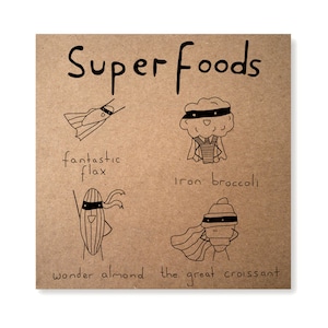 Superfood illustrierte Grußkarte, Handgemachte Gesunde Ernährung Super Food Karte, Super Hero Karte, Croissant Geburtstagskarte