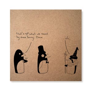 Penguin Card, Penguin Party, Fancy Dress, Funny Penguin Handmade Illustrated Greeting Card
