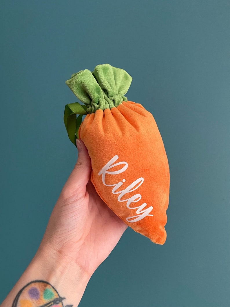 May include: A plush orange carrot-shaped bag with a green top and a white embroidered name 'Riley'.
