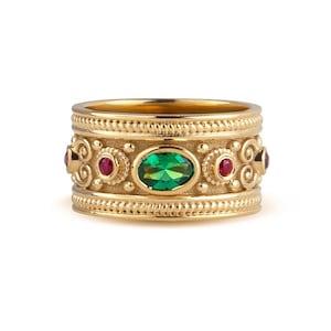 Bague byzantine en or 14 carats avec émeraude et rubis simulés