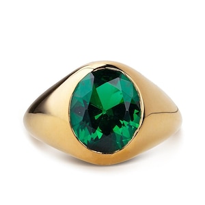 Gold CZ Emerald Signet Ring: Chunky Green Gemstone, Mens Pinky Ring