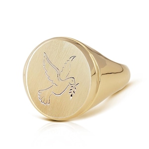 14K Gold Dove Signet Ring: Hand-Carved Bird Jewelry
