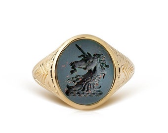14K Gold Bloodstone Signet Ring: Personalized Intaglio Ring