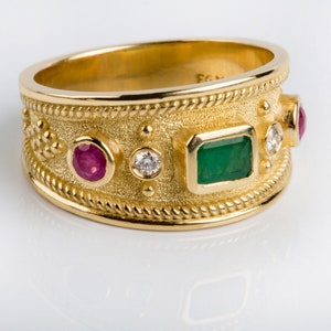 Mens Emerald Ring, 18k Gold Band Emerald, Byzantijnse sieraden, Etruskische gouden ring, Unisex Gold Band, Solid Gold Band, Ruby Band, Multi Gemston