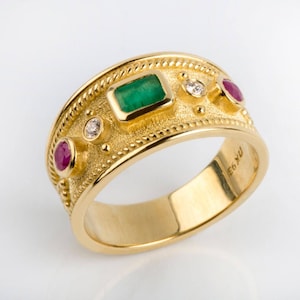 Emerald Ring, Medieval Ring, Emerald Gold Ring, Byzantine Gold Ring, Etruscan Ring, Greek Ancient Ring, Byzantine Jewelry, Gold Emerald Band