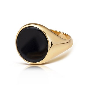 18K Gold Black Agate Signet Ring, Round Stone Ring, Black Stone Men Ring, Black Onyx Ring, Gold Delicate Signet Ring, Chunky Gold Men Ring