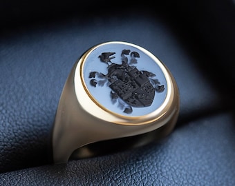 Agate Blue & Black Coat of Arms Ring, 18k Solid Gold Family Crest Ring, Engraved Signet Ring, Custom Agate Signet, Man Custom Family Ring