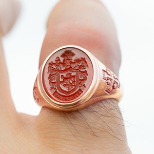 Carnelian Family Crest Ring, Custom Engraved Carnelian Stone, Solid Gold Heraldry Ring, Coat of Arms Stone Ring, Gold Men Family Ring