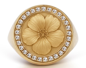 Anello con sigillo a forma di fiore viola in oro 14 carati e diamanti, fiore di nascita di febbraio