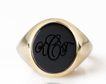 14K Gold Initials Onyx Signet Ring, Personalized Carved Monogram Ring, Initials Intaglio Ring, Black Onyx Intaglio Jewelry, Custom Name Ring