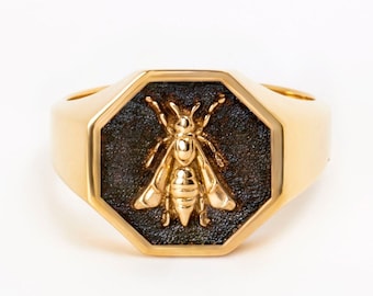 Bee Signet Ring: 18K Gold Plated Sterling Silver Octagon Ring