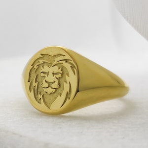 14K Solid Gold Lion Head Signet Ring - Leo Ring for Men
