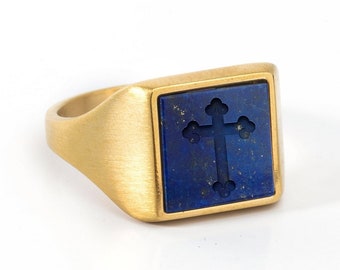 Chevalière croix taille-douce en or 14 carats, bague croix lapis-lazuli bleu, croix forme carrée pour homme, bague or et pierre gravée taille-douce