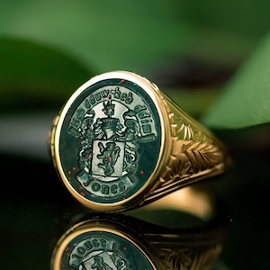 Solid Gold Bloodstone Signet Ring, Family Crest Ring For Men, Coat of Arms Signet Ring, Intaglio Bloodstone Ring, Personalized Crest Signet