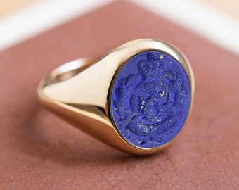 Lapis Coat of Arms Ring, Lapis Family Crest Ring, Man Gold Signet Ring, Engraved Lapis Signet, Custom Family Crest, Custom Solid Gold Ring