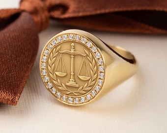 14K Gold Diamond Scales of Justice Signet Ring, Law Gift