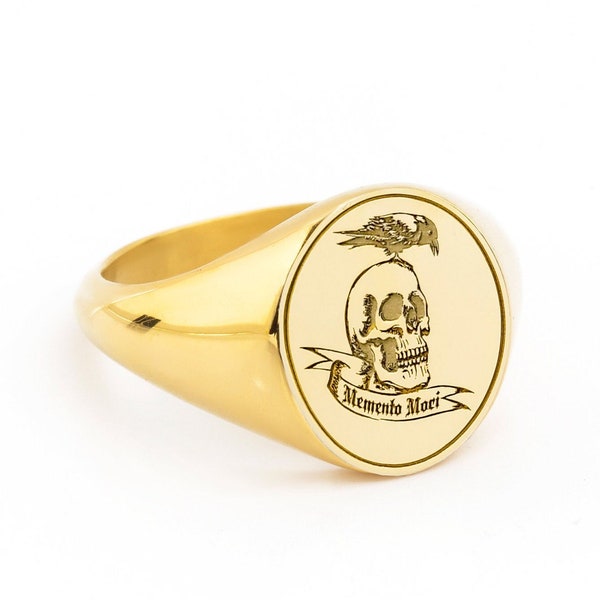 14K Solid Gold Memento Mori Ring, Engraved Skull Signet Ring, Personalized Memento Mori Ring, Gold Skull Ring, Gothic Jewelry, Men Ring