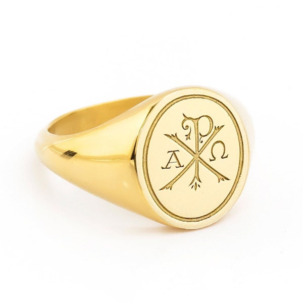 Anello con sigillo croce Chi Rho in oro massiccio 14K, anello croce d'oro, anello con sigillo croce Chi Rho personalizzato, gioielli ortodossi, anello Alpha e Omega