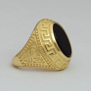 18k Solid Gold Black Onyx Signet Ring: Greek Key Design