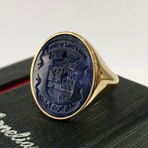 Sodalite Signet Ring, Coat of Arms Ring, Family Crest Ring, Armorial Ring, Gemstone Signet Ring, 14k Solid Gold Ring, Gold Family Crest Ring