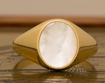 14k, Solid Gold Signet Ring, Pearl Gold Band, Mother of