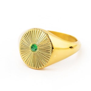 Hand Carved Emerald Gold Signet Ring: Natural Emerald, Sun Ray Design