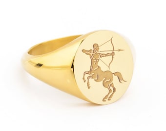 Chevalière sagittaire en or 14 carats, bague or centaure archer, bijoux de la mythologie grecque centaure, bague mi-homme mi-cheval, bague personnalisée