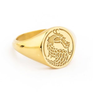 14K Gold Chinese Dragon Signet Ring: Engraved Mythology Jewelry