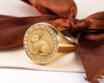14K Gold Diamant Kaninchen Siegelring, Lunar New Year Schmuck