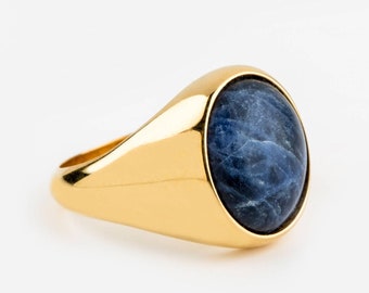 Gold Sodalite Ring, Gemstone Ring, Pinky Signet Ring, Man Gold Ring, Husband Gift Ring, Blue Stone Ring, Natural Sodalite Signet Ring